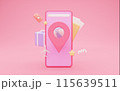 Booking, transportation, traveling website, 3D illustration, collage. Huge phone with search bar, location pin with globe inside, suitcase, passport and tickets over pink background 115639511