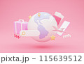 Searching travel destination, buy tickets, hotel booking online, searching bar with suitcase, passport and flight tickets, airplane, globe, pink background. 3D illustration, collage, banner 115639512