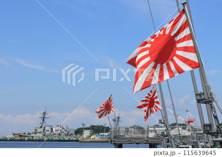旭日旗　自衛艦旗　青空にはためく旭日旗 115639645
