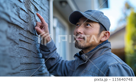 外壁を指差し確認する作業員 115640748