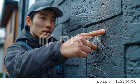 外壁を指差し確認する作業員 115640750