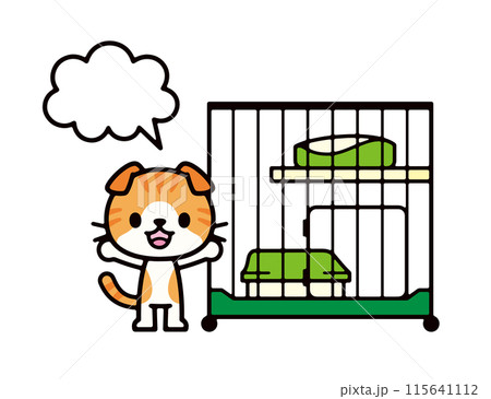 キャットケージの前に立つ猫と漫画の吹き出しのかわいいイラスト キャットケージの前に立つ猫と漫画の吹き出しのかわいいイラスト 115641112