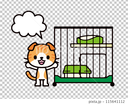 キャットケージの前に立つ猫と漫画の吹き出しのかわいいイラスト キャットケージの前に立つ猫と漫画の吹き出しのかわいいイラスト 115641112
