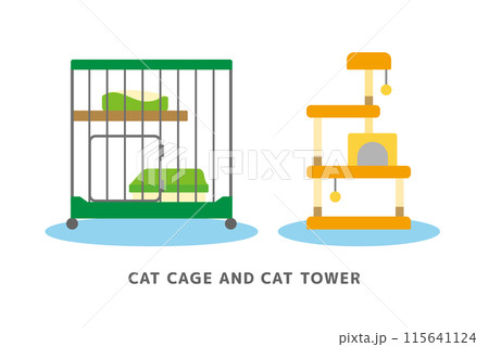 猫用の檻とキャットタワーのかわいいイラスト素材セット 猫用の檻とキャットタワーのかわいいイラスト素材セット 115641124