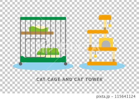 猫用の檻とキャットタワーのかわいいイラスト素材セット 猫用の檻とキャットタワーのかわいいイラスト素材セット 115641124