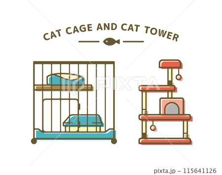 猫のケージとキャットタワーのかわいいイラスト素材セット 猫のケージとキャットタワーのかわいいイラスト素材セット 115641126