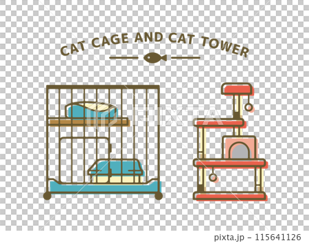 Cute illustration set of cat cage and cat tower Cute illustration set of cat cage and cat tower 115641126