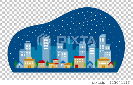 簡單可愛的景觀圖，描繪了夜間雪花飄落的城市景觀 115641137