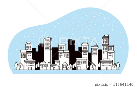 雪が降る都会の街並みの線画のかわいい風景イラスト 115641140