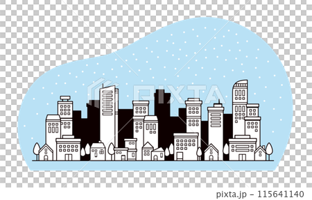 雪が降る都会の街並みの線画のかわいい風景イラスト 115641140