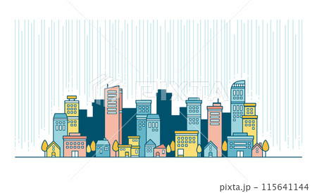 雨が降る都会の街並みのパステルカラーのかわいいイラスト 115641144