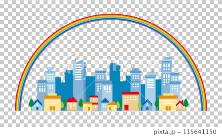 A simple and cute illustration of a cityscape with a rainbow 115641150