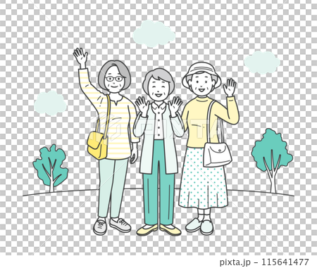 一群友善的老年婦女在旅遊目的地玩得開心的全身插圖 115641477