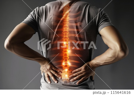 Man pain office syndrome at his back with highlight at backbone and spine. 115641616