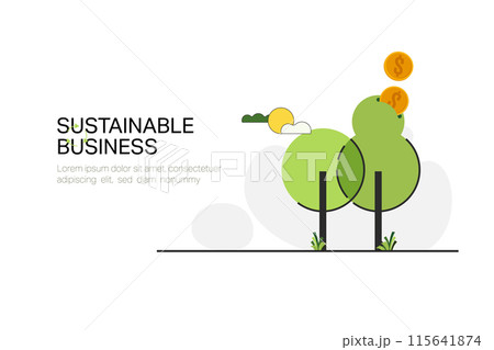 Sustainable Business. Growth Tree with Dollar coins. Circular Economy and  ESG concept. Green Energy, Ecology and environment development. Flat Vector illustration. 115641874