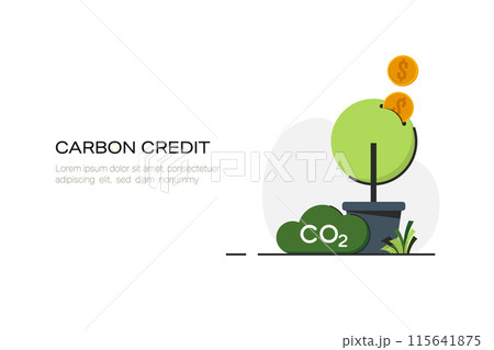 Carbon Credit concept. Sustainable development to reduce CO2 emissions impact. Carbon management concept. Flat Vector illustration. 115641875