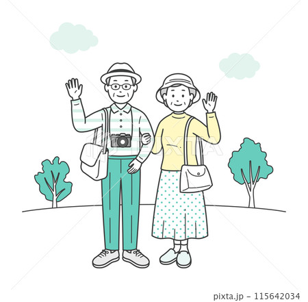 仲の良い老夫婦が旅行先で楽しんでいる全身イラスト 仲の良い老夫婦が旅行先で楽しんでいる全身イラスト 115642034