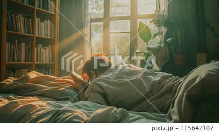 朝日を浴びてゴロゴロしながら読書する人 115642107