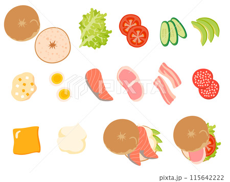 ベーグルサンドイッチの具材と出来上がったベーグルサンドのセット 115642222