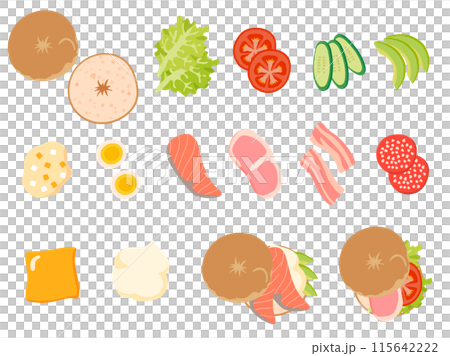 ベーグルサンドイッチの具材と出来上がったベーグルサンドのセット 115642222
