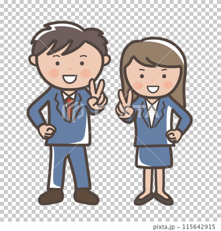 Full-body illustration of smiling male and female businessmen making peace signs_navy suits Full-body illustration of smiling male and female businessmen making peace signs_navy suits 115642915