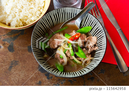 Popular dish of Thai cuisine is beef with basil Popular dish of Thai cuisine is beef with basil 115642958