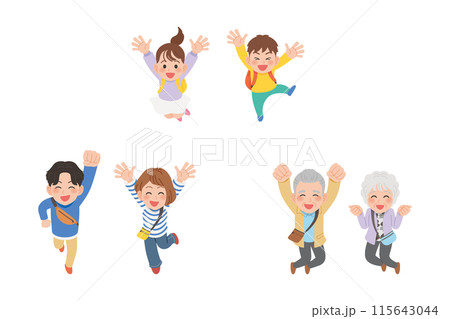 ジャンプしている三世代家族　男女セット 115643044