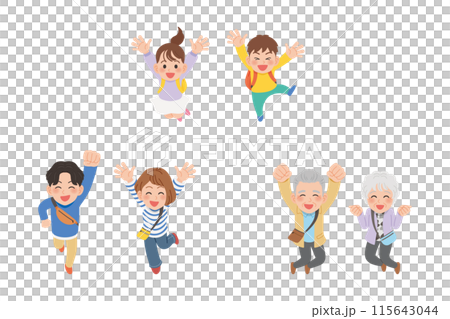 Jumping three-generation family, men and women set 115643044