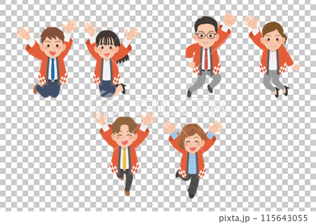 人們穿著快樂的衣服跳躍，男人和女人設置 115643055