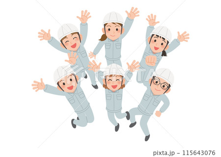 ジャンプしている作業着の人 115643076