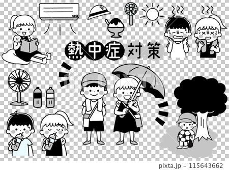 Illustration set of children taking measures against heat stroke 115643662