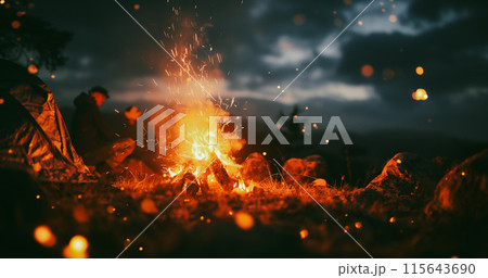 星空の下でパチパチと燃えるキャンプファイヤー 115643690
