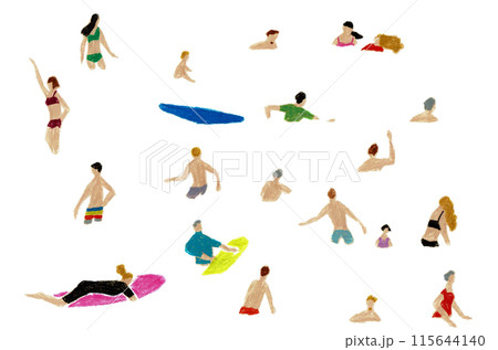 手描きイラスト　夏の海　水着姿の人々 115644140