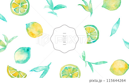 水彩画。水彩タッチのレモンベクターイラスト。夏のレモン背景。夏のレモンフレーム。 115644264