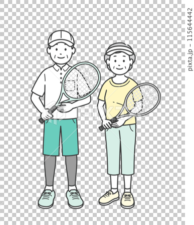 趣味のテニスを楽しむ高齢夫婦の全身イラスト 115644442