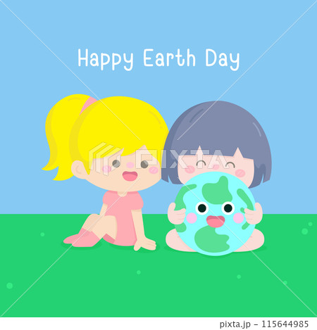Cute girls happy earth day in Children Style Cartoon illustration 115644985