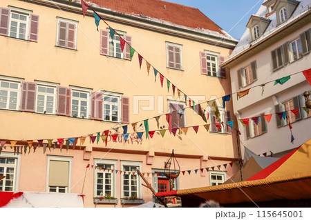 A decorated town in honor of a German holiday. 115645001