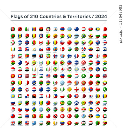 210の国と地域の球体型国旗アイコンのセット、2024年版 115645903