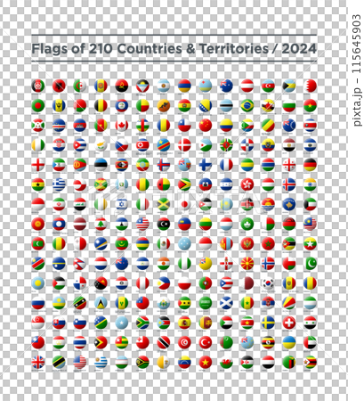 Set of 210 countries and regions spherical flag icons, 2024 edition Set of 210 countries and regions spherical flag icons, 2024 edition 115645903