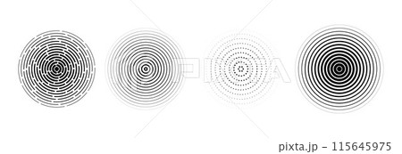 Black radial circle set. Sonar or sound wave ring collection. Halftone and linear epicenter, target, radar icon concept. Rippled concentric signal vibration elements. Vector dashed and dotted symbols Black radial circle set. Sonar or sound wave ring collection. Halftone and linear epicenter, target, radar icon concept. Rippled concentric signal vibration elements. Vector dashed and dotted symbols 115645975