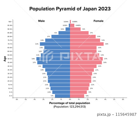 Population pyramid of Japan 2023. Age structure diagram and graphical illustration of the distribution of about 123 million people divided into females and males, quoted in percent and 4-year steps. 115645987