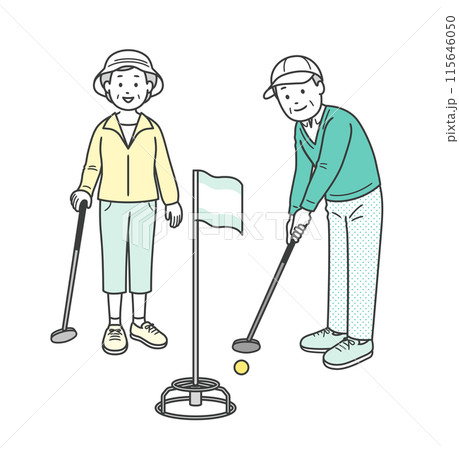 笑顔でグランドゴルフをする高齢者夫婦の全身イラスト 笑顔でグランドゴルフをする高齢者夫婦の全身イラスト 115646050