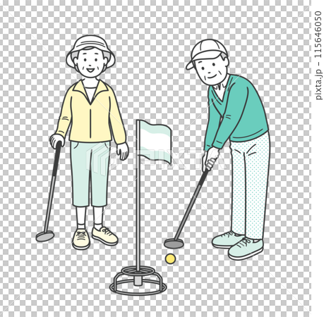 笑顔でグランドゴルフをする高齢者夫婦の全身イラスト 笑顔でグランドゴルフをする高齢者夫婦の全身イラスト 115646050
