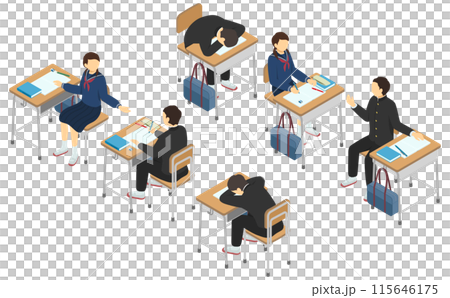 Isometric illustration: school desks and students 115646175