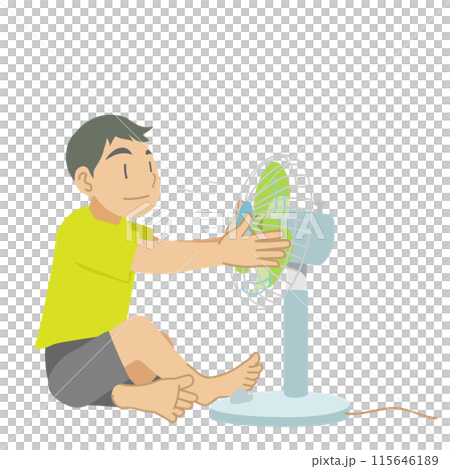 Illustration of a boy monopolizing an electric fan 115646189