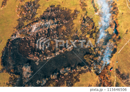 Concept Of Save Nature. Nature In Danger. Wild Open Fire Destroys Grass. Natural Disaster. Aerial View Of Dry Grass Burns During Drought And Hot Weather. Bush Fire And Smoke In Meadow Field Concept Of Save Nature. Nature In Danger. Wild Open Fire Destroys Grass. Natural Disaster. Aerial View Of Dry Grass Burns During Drought And Hot Weather. Bush Fire And Smoke In Meadow Field 115646506