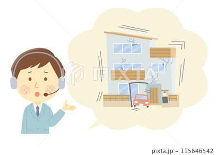 地震被害に遭った場合の対応を説明する男性オペレーター 115646542