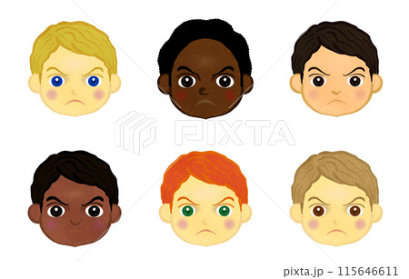 怒っている世界のかわいい男の子の顔のイラストセット 怒っている世界のかわいい男の子の顔のイラストセット 115646611