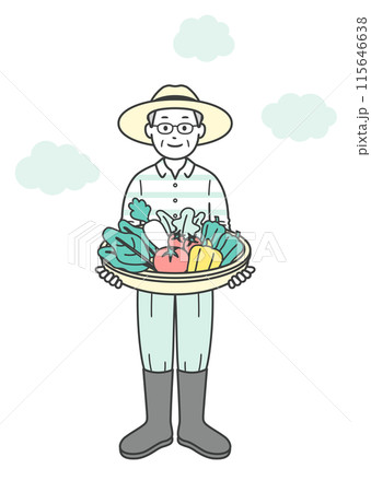 家庭菜園で収穫した野菜を持っている高齢者の全身イラスト 115646638