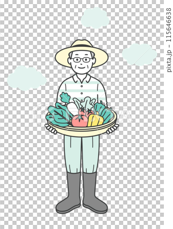 家庭菜園で収穫した野菜を持っている高齢者の全身イラスト 115646638